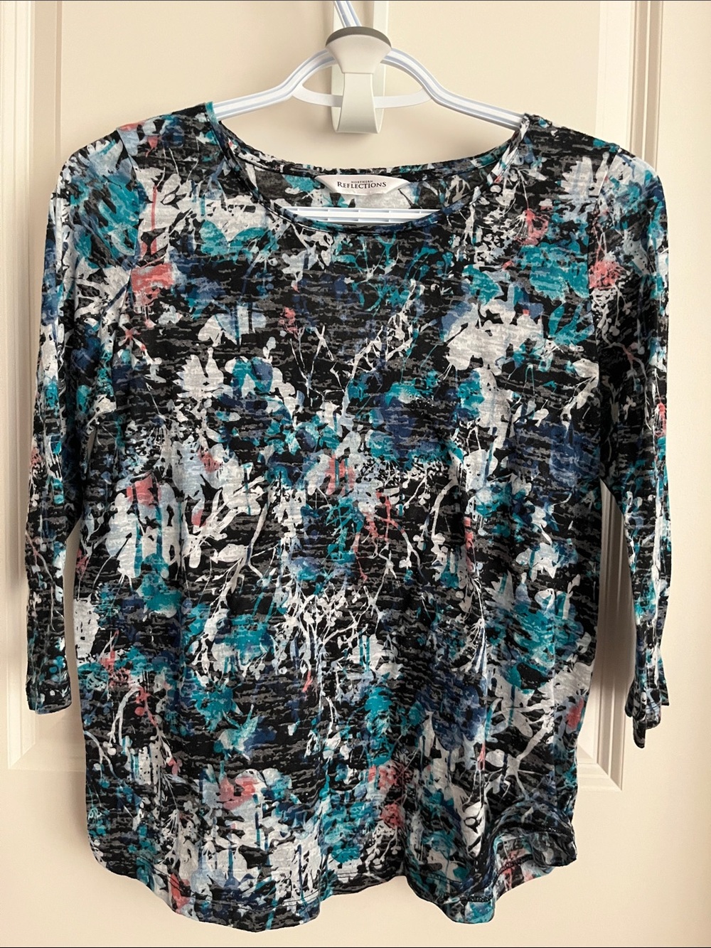 Northern Reflections Black, Teal & Pink Abstract Floral Long Sleeve Top